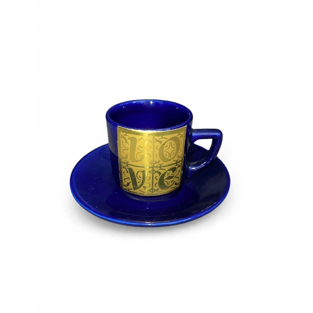 Vintage Cobalt Blue Gold LOVE Demitasse Espresso Cup & 4" Saucer Set